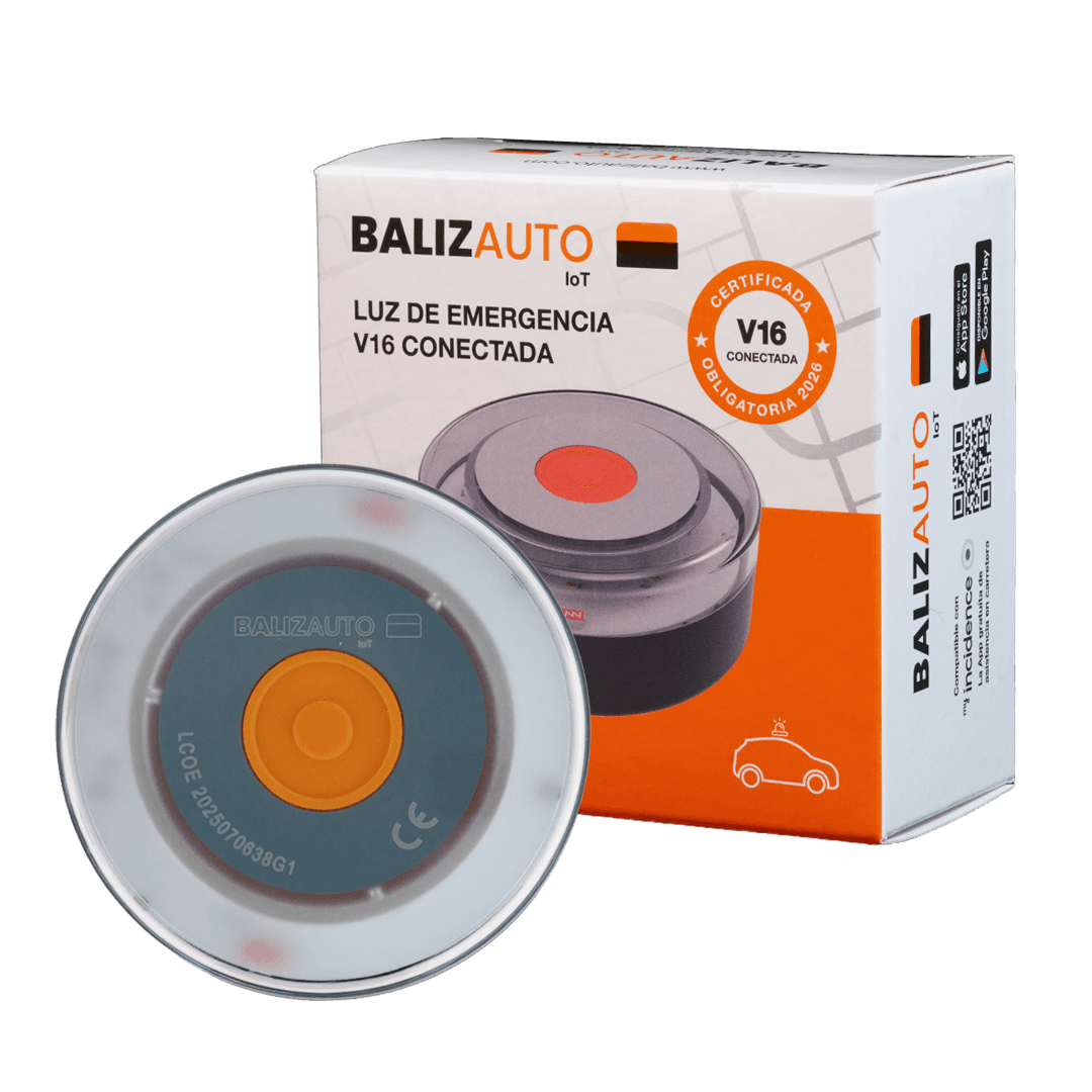 Baliza V16 conectada Balizauto junto a su caja